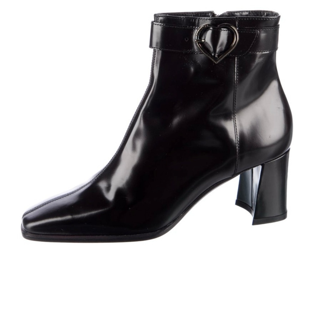 Moschino Shiny Black Ankle Booties with Heart Detail Size 7.5